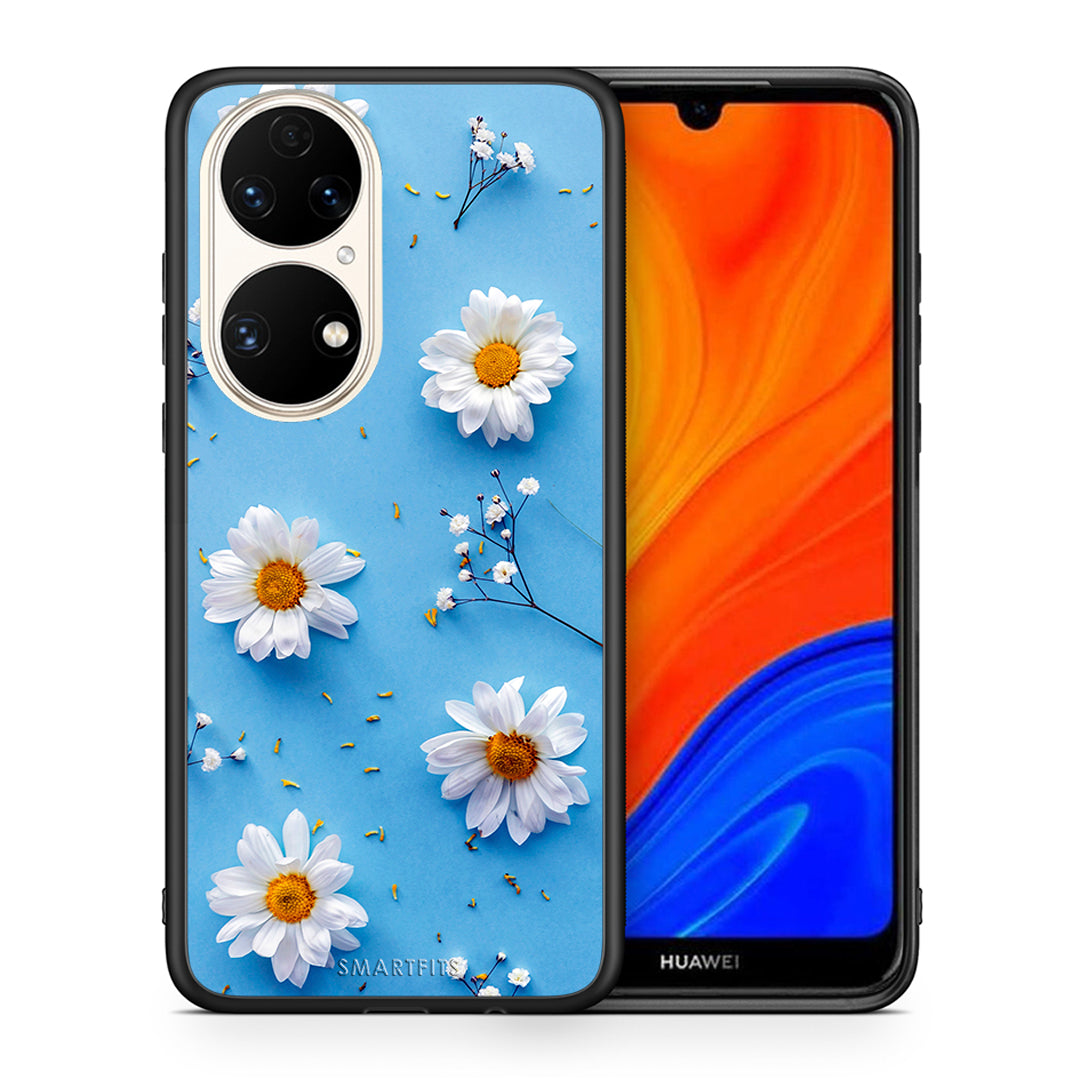 Θήκη Huawei P50 Real Daisies από τη Smartfits με σχέδιο στο πίσω μέρος και μαύρο περίβλημα | Huawei P50 Real Daisies case with colorful back and black bezels