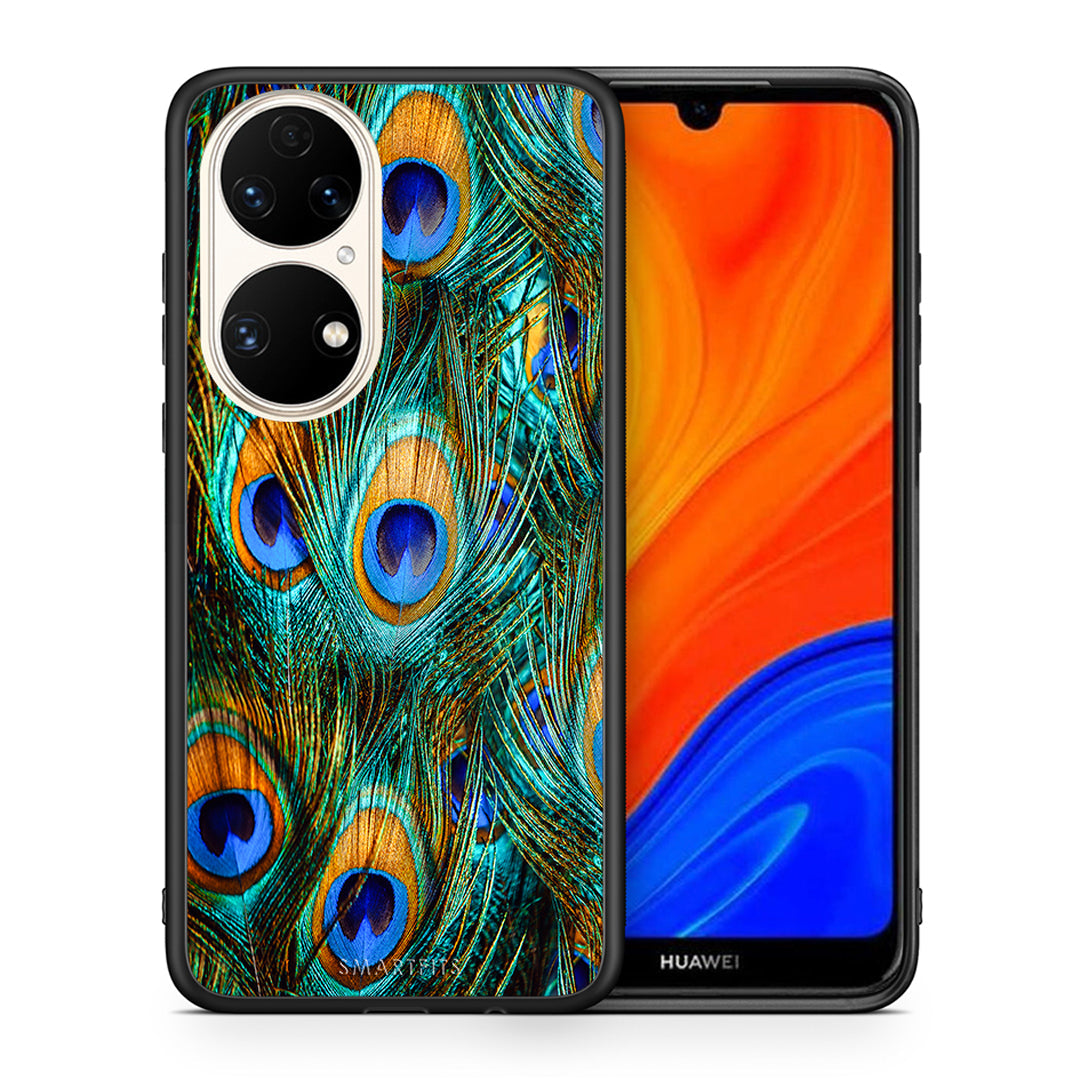 Θήκη Huawei P50 Real Peacock Feathers από τη Smartfits με σχέδιο στο πίσω μέρος και μαύρο περίβλημα | Huawei P50 Real Peacock Feathers case with colorful back and black bezels