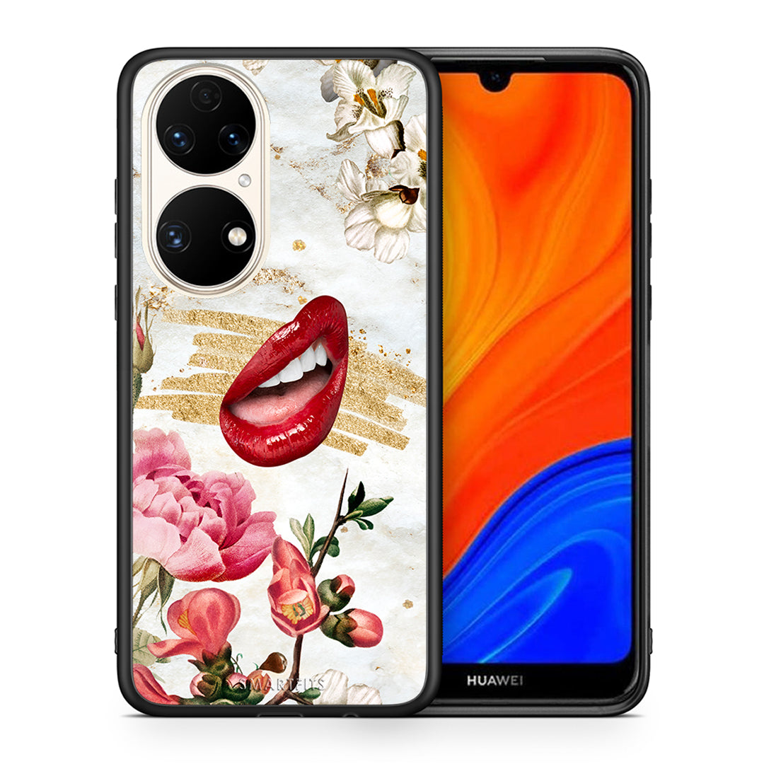 Θήκη Huawei P50 Red Lips από τη Smartfits με σχέδιο στο πίσω μέρος και μαύρο περίβλημα | Huawei P50 Red Lips case with colorful back and black bezels