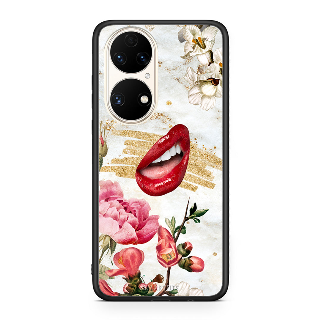 Huawei P50 Red Lips θήκη από τη Smartfits με σχέδιο στο πίσω μέρος και μαύρο περίβλημα | Smartphone case with colorful back and black bezels by Smartfits