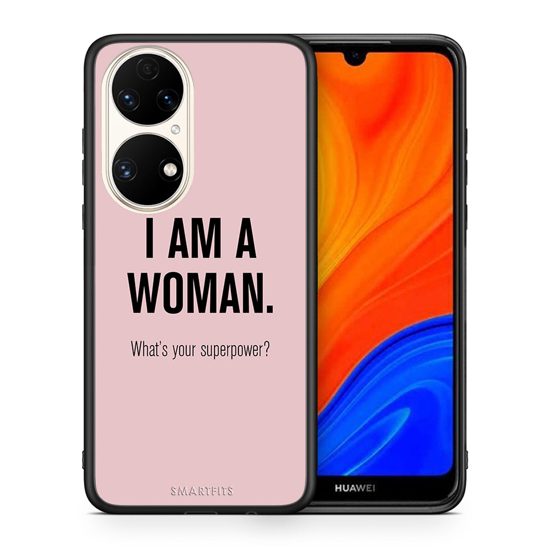 Θήκη Huawei P50 Superpower Woman από τη Smartfits με σχέδιο στο πίσω μέρος και μαύρο περίβλημα | Huawei P50 Superpower Woman case with colorful back and black bezels