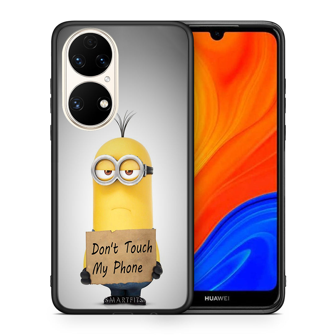 Θήκη Huawei P50 Minion Text από τη Smartfits με σχέδιο στο πίσω μέρος και μαύρο περίβλημα | Huawei P50 Minion Text case with colorful back and black bezels