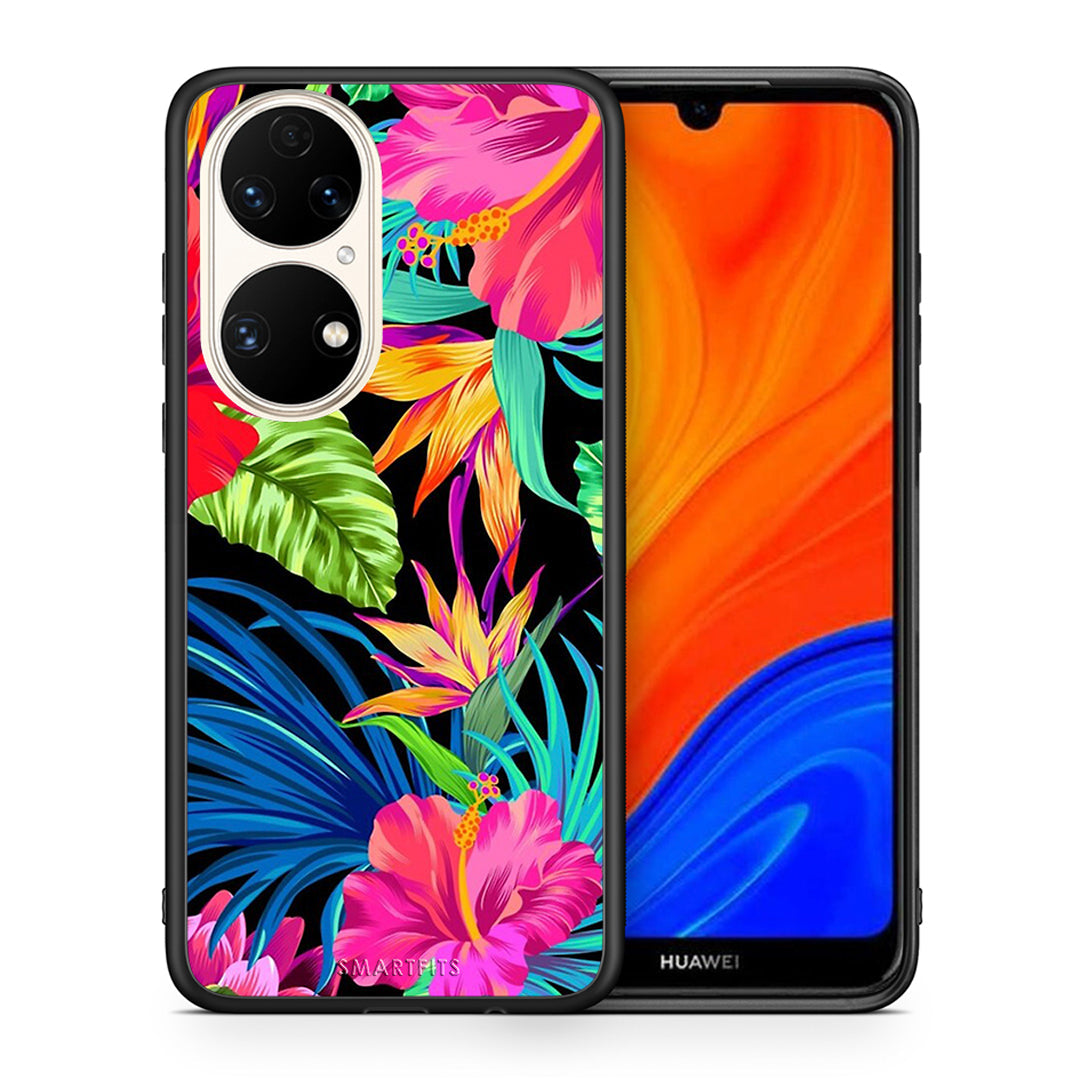 Θήκη Huawei P50 Tropical Flowers από τη Smartfits με σχέδιο στο πίσω μέρος και μαύρο περίβλημα | Huawei P50 Tropical Flowers case with colorful back and black bezels