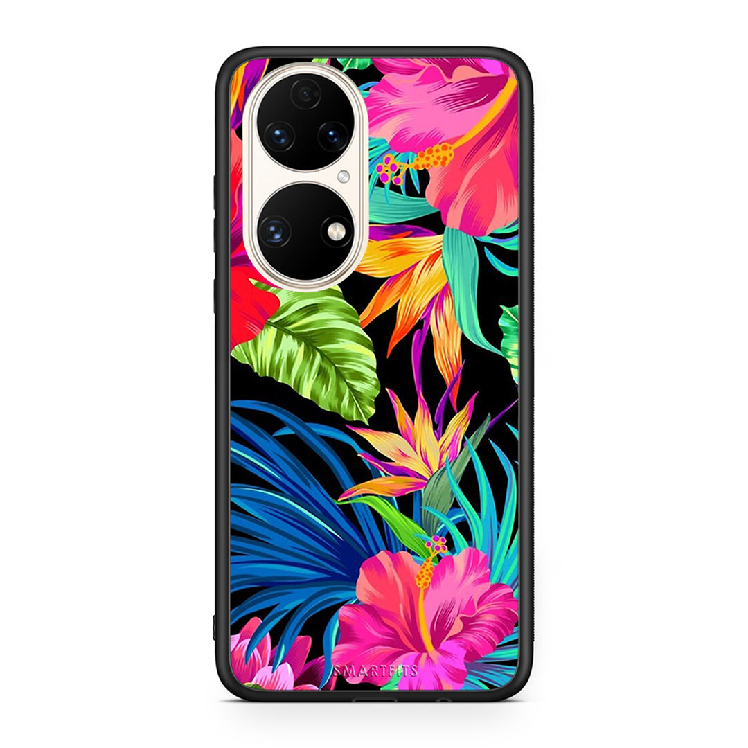 Huawei P50 Tropical Flowers θήκη από τη Smartfits με σχέδιο στο πίσω μέρος και μαύρο περίβλημα | Smartphone case with colorful back and black bezels by Smartfits