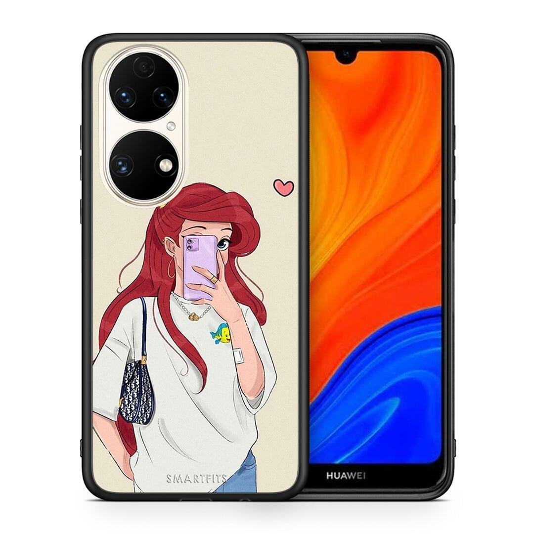 Θήκη Huawei P50 Walking Mermaid από τη Smartfits με σχέδιο στο πίσω μέρος και μαύρο περίβλημα | Huawei P50 Walking Mermaid case with colorful back and black bezels