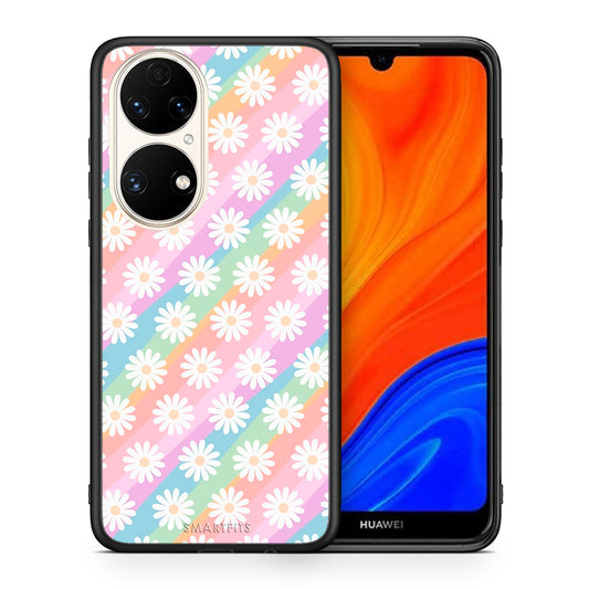 Θήκη Huawei P50 White Daisies από τη Smartfits με σχέδιο στο πίσω μέρος και μαύρο περίβλημα | Huawei P50 White Daisies case with colorful back and black bezels