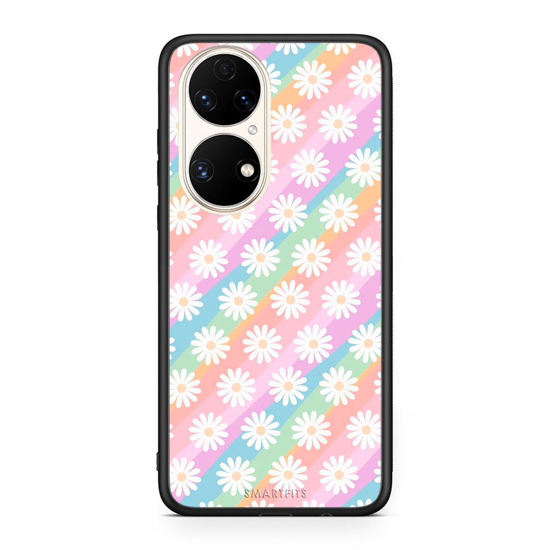 Huawei P50 White Daisies θήκη από τη Smartfits με σχέδιο στο πίσω μέρος και μαύρο περίβλημα | Smartphone case with colorful back and black bezels by Smartfits