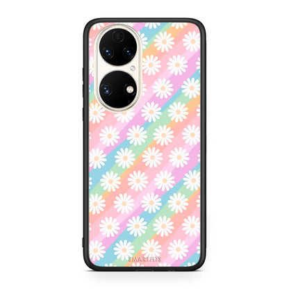 Huawei P50 White Daisies θήκη από τη Smartfits με σχέδιο στο πίσω μέρος και μαύρο περίβλημα | Smartphone case with colorful back and black bezels by Smartfits