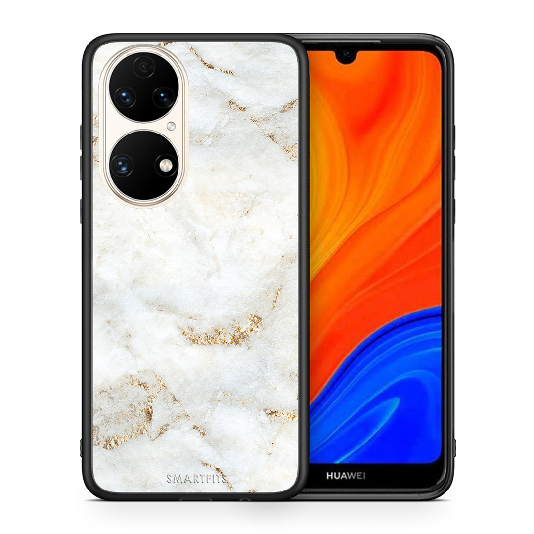 Θήκη Huawei P50 White Gold Marble από τη Smartfits με σχέδιο στο πίσω μέρος και μαύρο περίβλημα | Huawei P50 White Gold Marble case with colorful back and black bezels