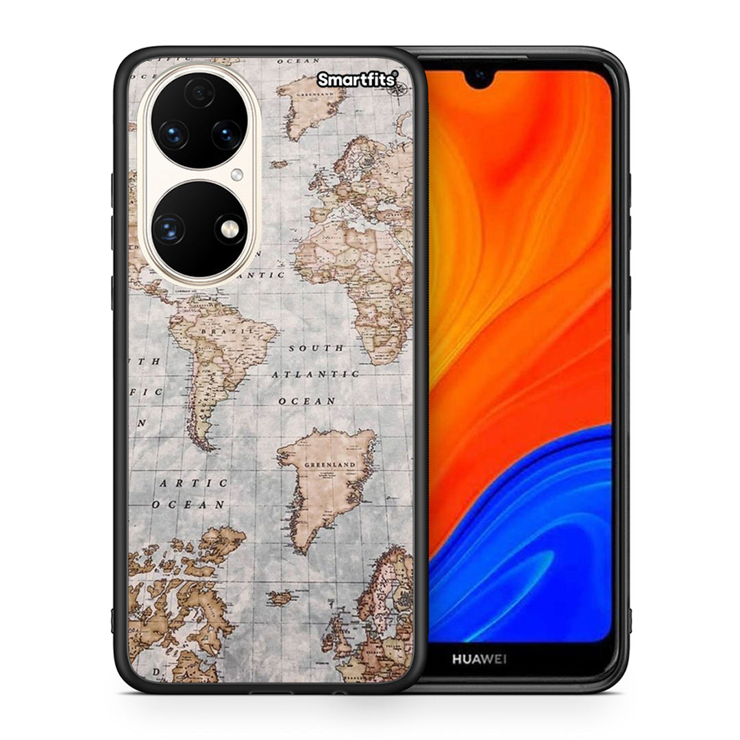 Θήκη Huawei P50 World Map από τη Smartfits με σχέδιο στο πίσω μέρος και μαύρο περίβλημα | Huawei P50 World Map case with colorful back and black bezels