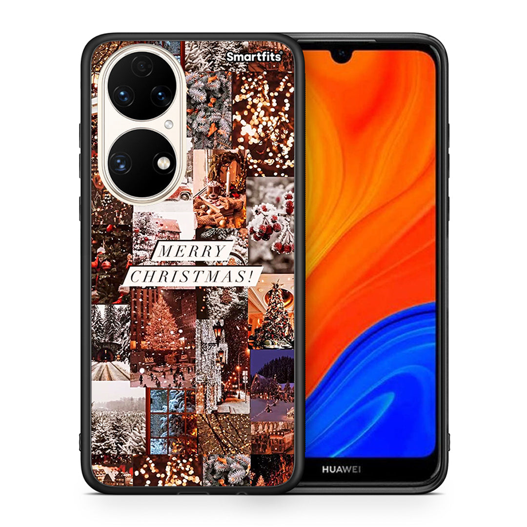 Θήκη Huawei P50 Xmas Collage από τη Smartfits με σχέδιο στο πίσω μέρος και μαύρο περίβλημα | Huawei P50 Xmas Collage case with colorful back and black bezels