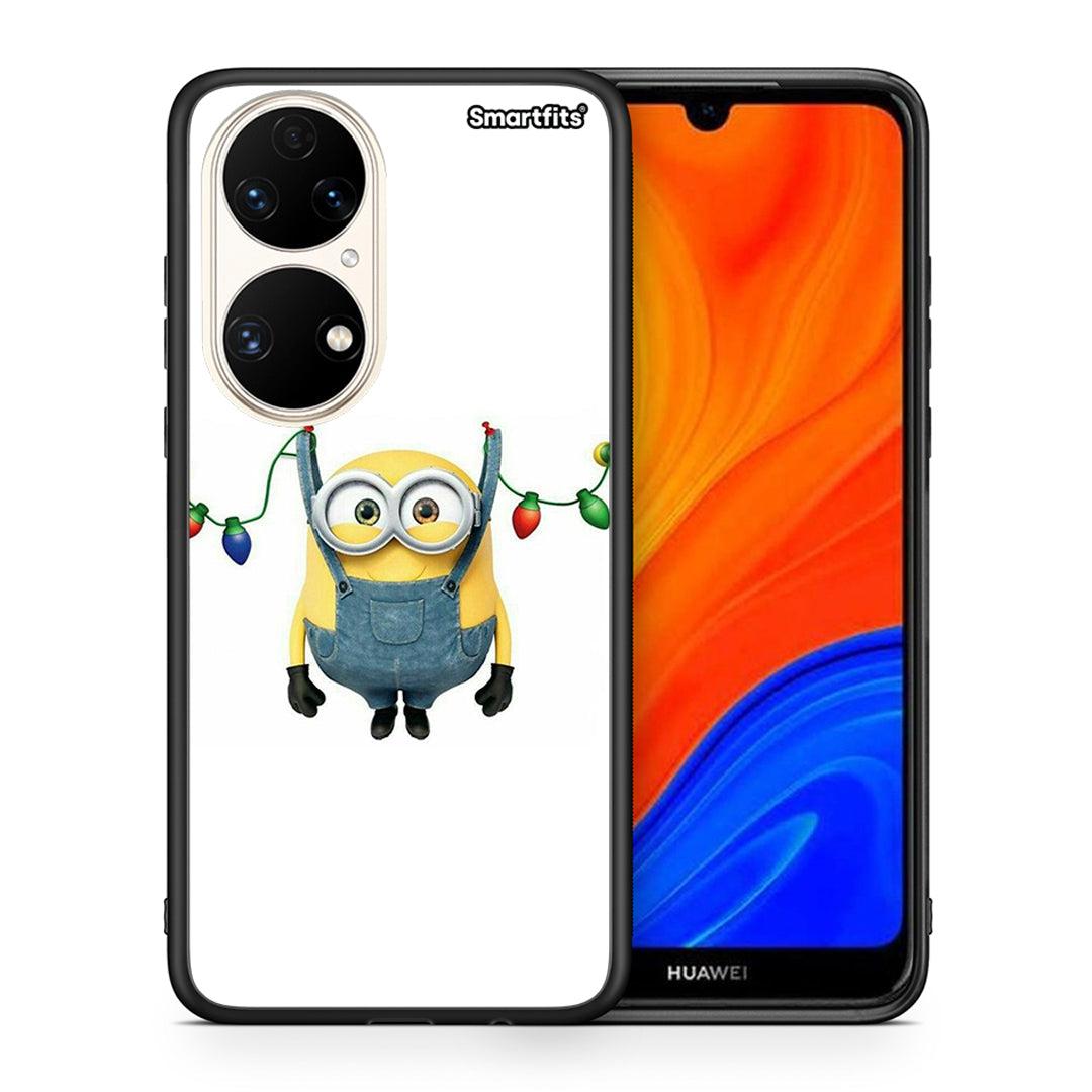 Θήκη Huawei P50 Xmas Minion Lights από τη Smartfits με σχέδιο στο πίσω μέρος και μαύρο περίβλημα | Huawei P50 Xmas Minion Lights case with colorful back and black bezels