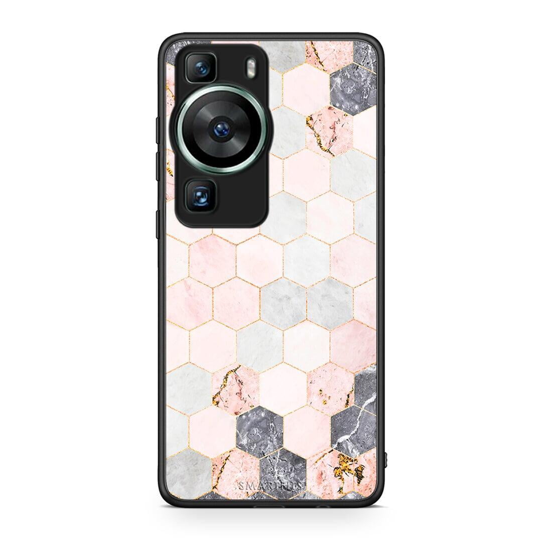 Θήκη Huawei P60 Marble Hexagon Pink από τη Smartfits με σχέδιο στο πίσω μέρος και μαύρο περίβλημα | Huawei P60 Marble Hexagon Pink Case with Colorful Back and Black Bezels