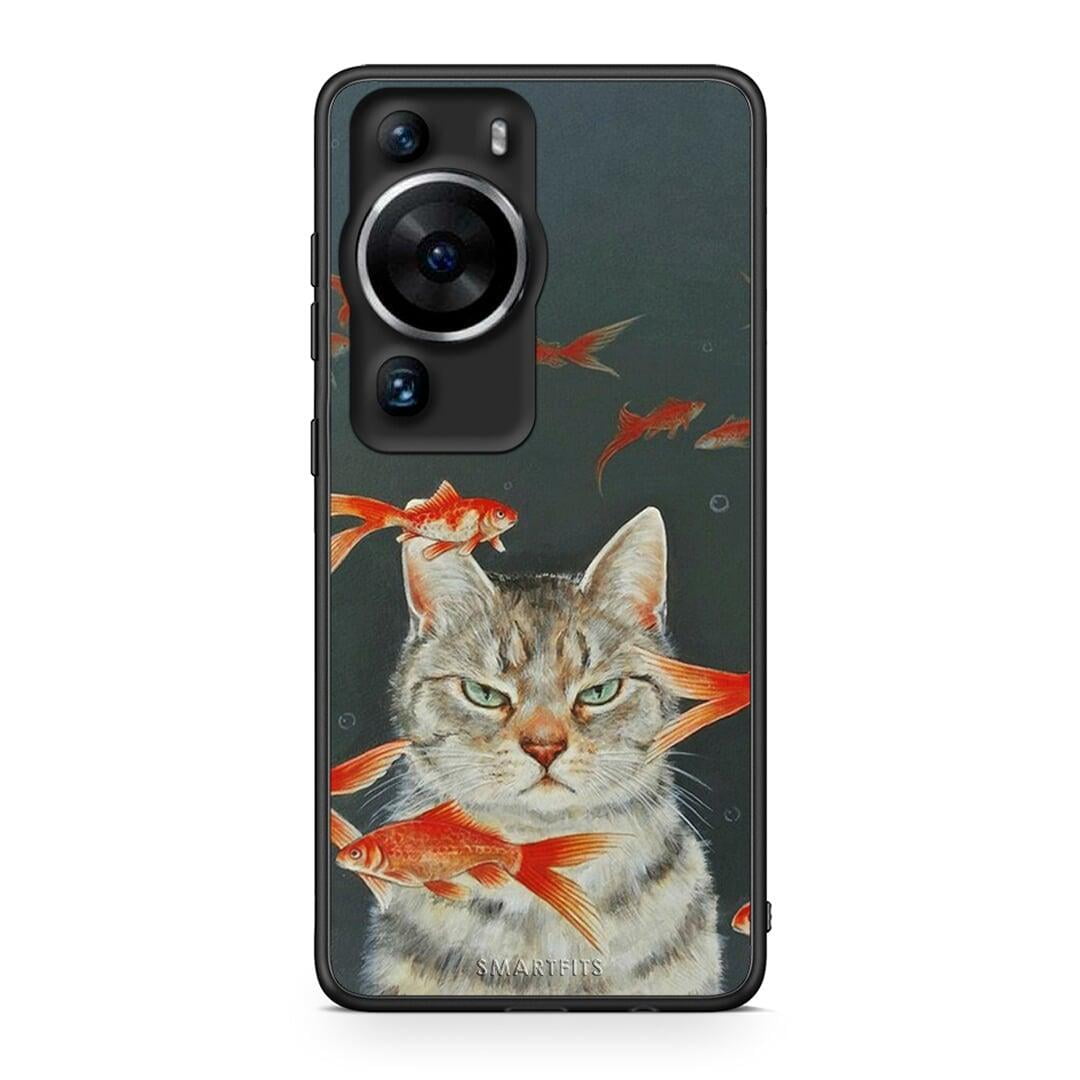 Θήκη Huawei P60 Pro Cat Goldfish από τη Smartfits με σχέδιο στο πίσω μέρος και μαύρο περίβλημα | Huawei P60 Pro Cat Goldfish Case with Colorful Back and Black Bezels