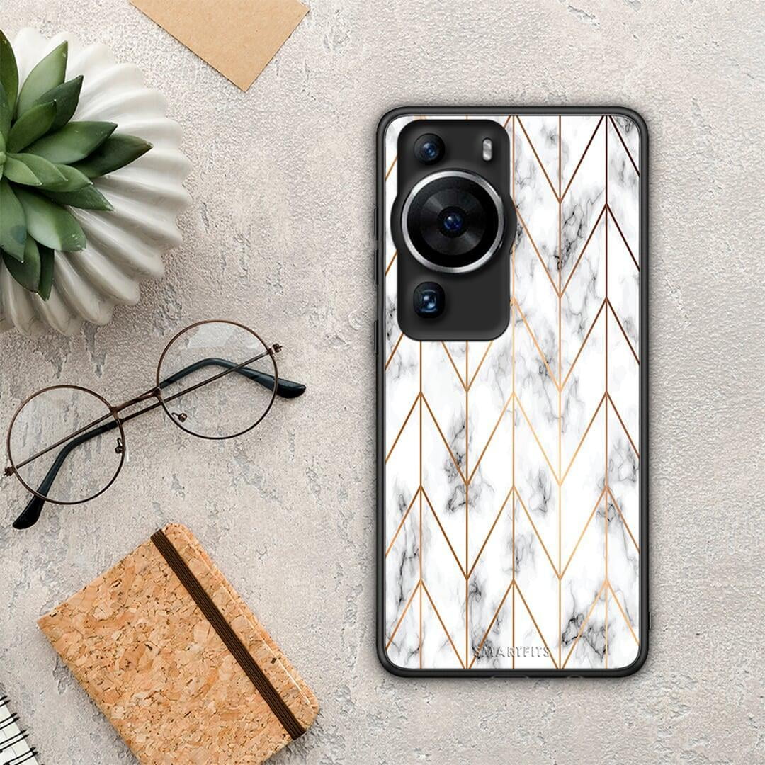 Θήκη Huawei P60 Pro Marble Gold Geometric από τη Smartfits με σχέδιο στο πίσω μέρος και μαύρο περίβλημα | Huawei P60 Pro Marble Gold Geometric Case with Colorful Back and Black Bezels