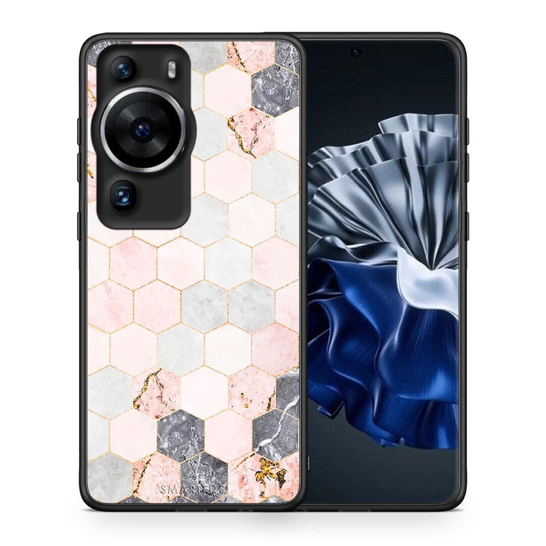 Θήκη Huawei P60 Pro Marble Hexagon Pink από τη Smartfits με σχέδιο στο πίσω μέρος και μαύρο περίβλημα | Huawei P60 Pro Marble Hexagon Pink Case with Colorful Back and Black Bezels