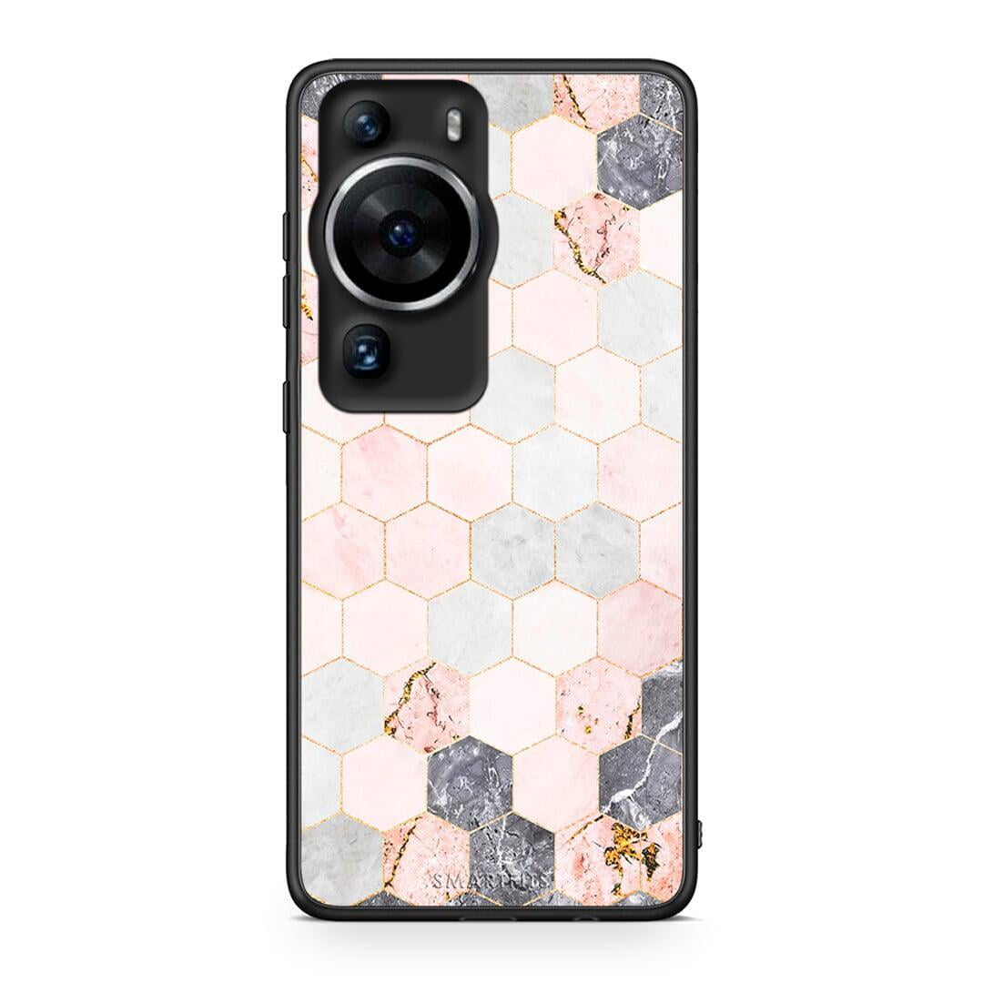 Θήκη Huawei P60 Pro Marble Hexagon Pink από τη Smartfits με σχέδιο στο πίσω μέρος και μαύρο περίβλημα | Huawei P60 Pro Marble Hexagon Pink Case with Colorful Back and Black Bezels