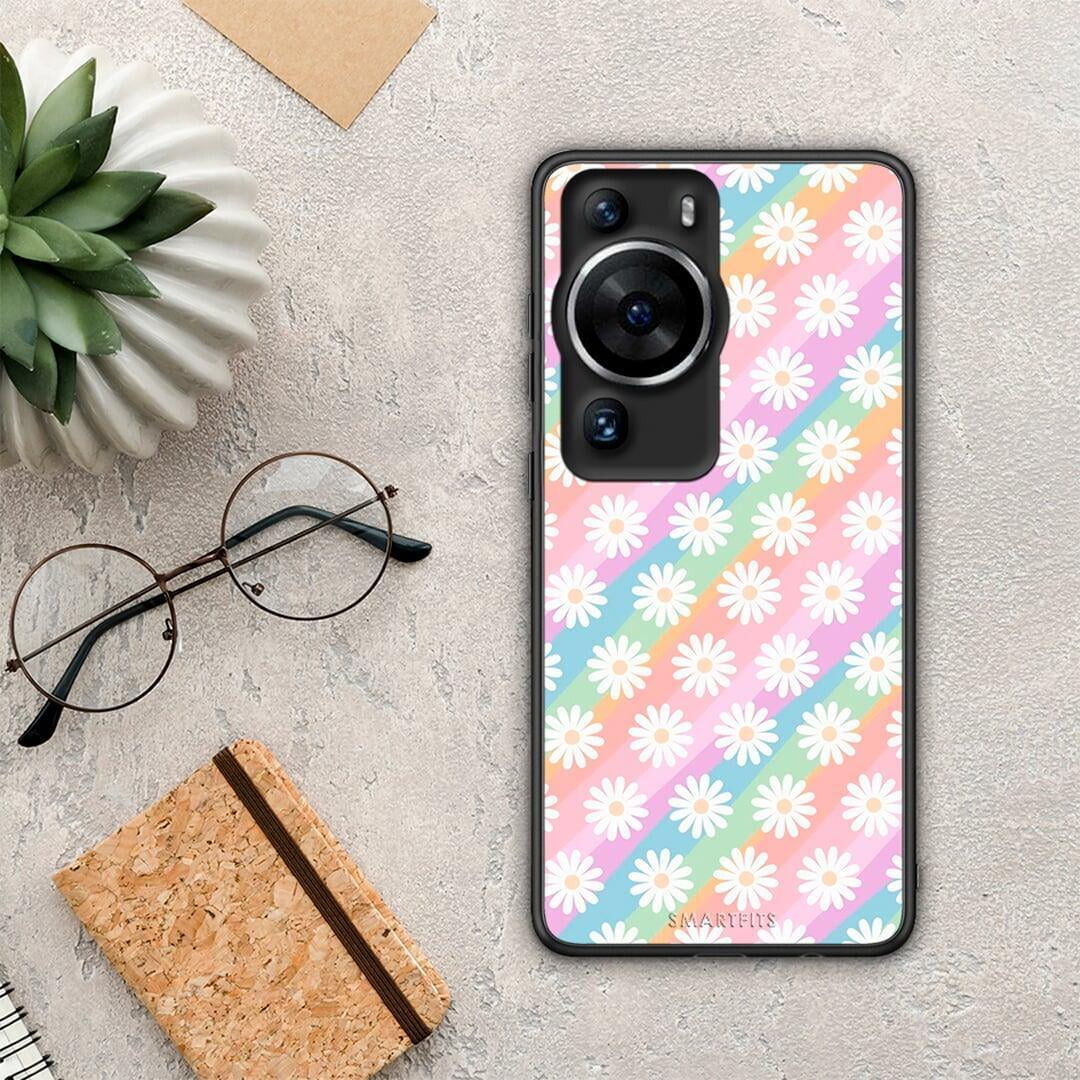 Θήκη Huawei P60 Pro White Daisies από τη Smartfits με σχέδιο στο πίσω μέρος και μαύρο περίβλημα | Huawei P60 Pro White Daisies Case with Colorful Back and Black Bezels