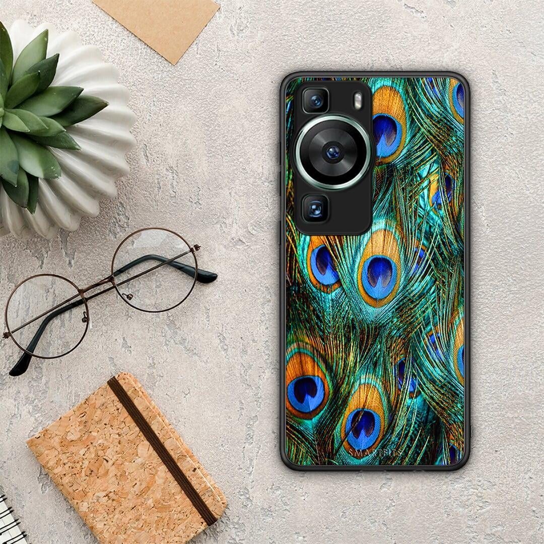 Θήκη Huawei P60 Real Peacock Feathers από τη Smartfits με σχέδιο στο πίσω μέρος και μαύρο περίβλημα | Huawei P60 Real Peacock Feathers Case with Colorful Back and Black Bezels