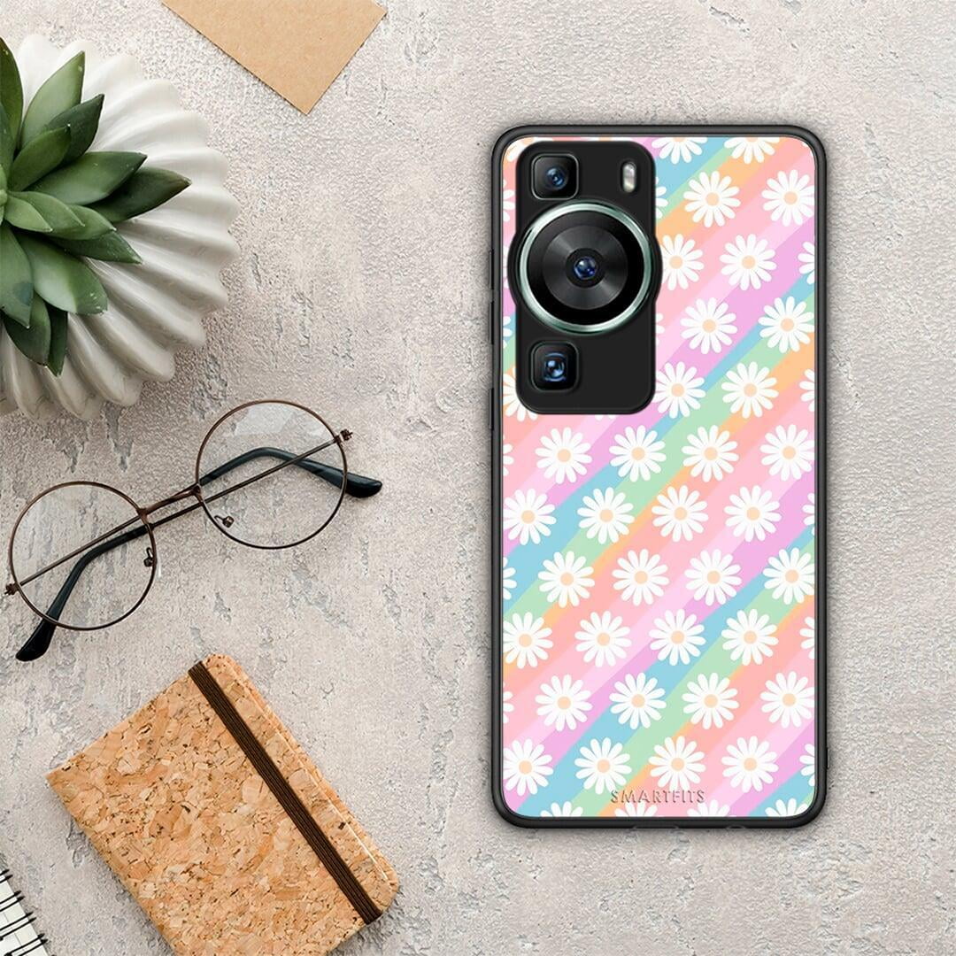 Θήκη Huawei P60 White Daisies από τη Smartfits με σχέδιο στο πίσω μέρος και μαύρο περίβλημα | Huawei P60 White Daisies Case with Colorful Back and Black Bezels