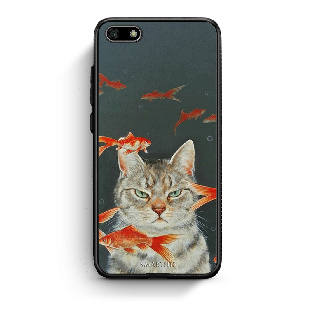 Huawei Y5 2018 Cat Goldfish θήκη από τη Smartfits με σχέδιο στο πίσω μέρος και μαύρο περίβλημα | Smartphone case with colorful back and black bezels by Smartfits