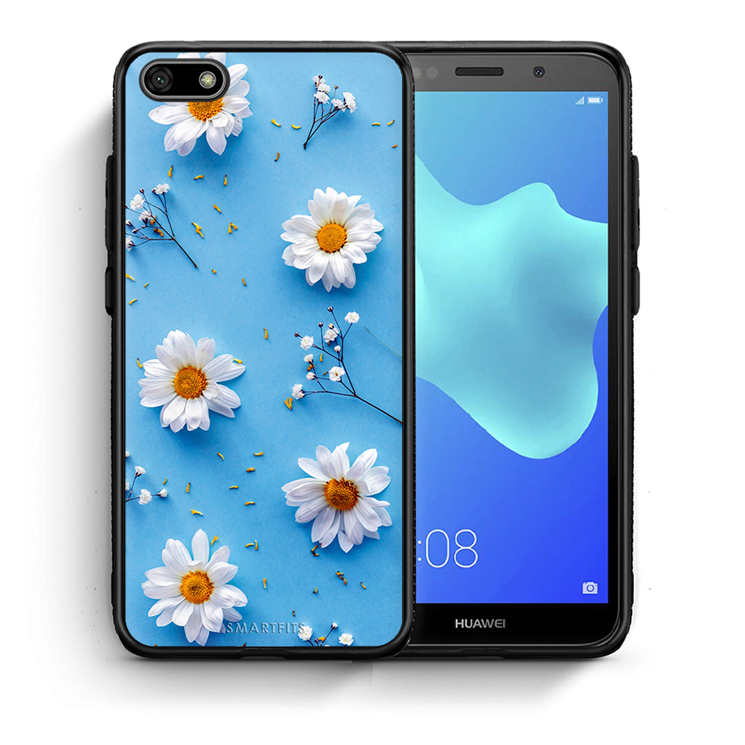 Θήκη Huawei Y5 2018/Honor 7S Real Daisies από τη Smartfits με σχέδιο στο πίσω μέρος και μαύρο περίβλημα | Huawei Y5 2018/Honor 7S Real Daisies case with colorful back and black bezels