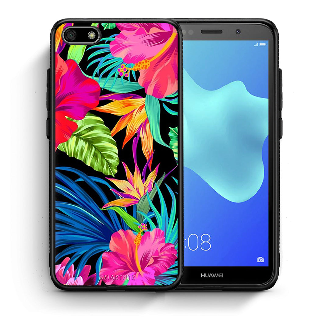 Θήκη Huawei Y5 2018/Honor 7S Tropical Flowers από τη Smartfits με σχέδιο στο πίσω μέρος και μαύρο περίβλημα | Huawei Y5 2018/Honor 7S Tropical Flowers case with colorful back and black bezels