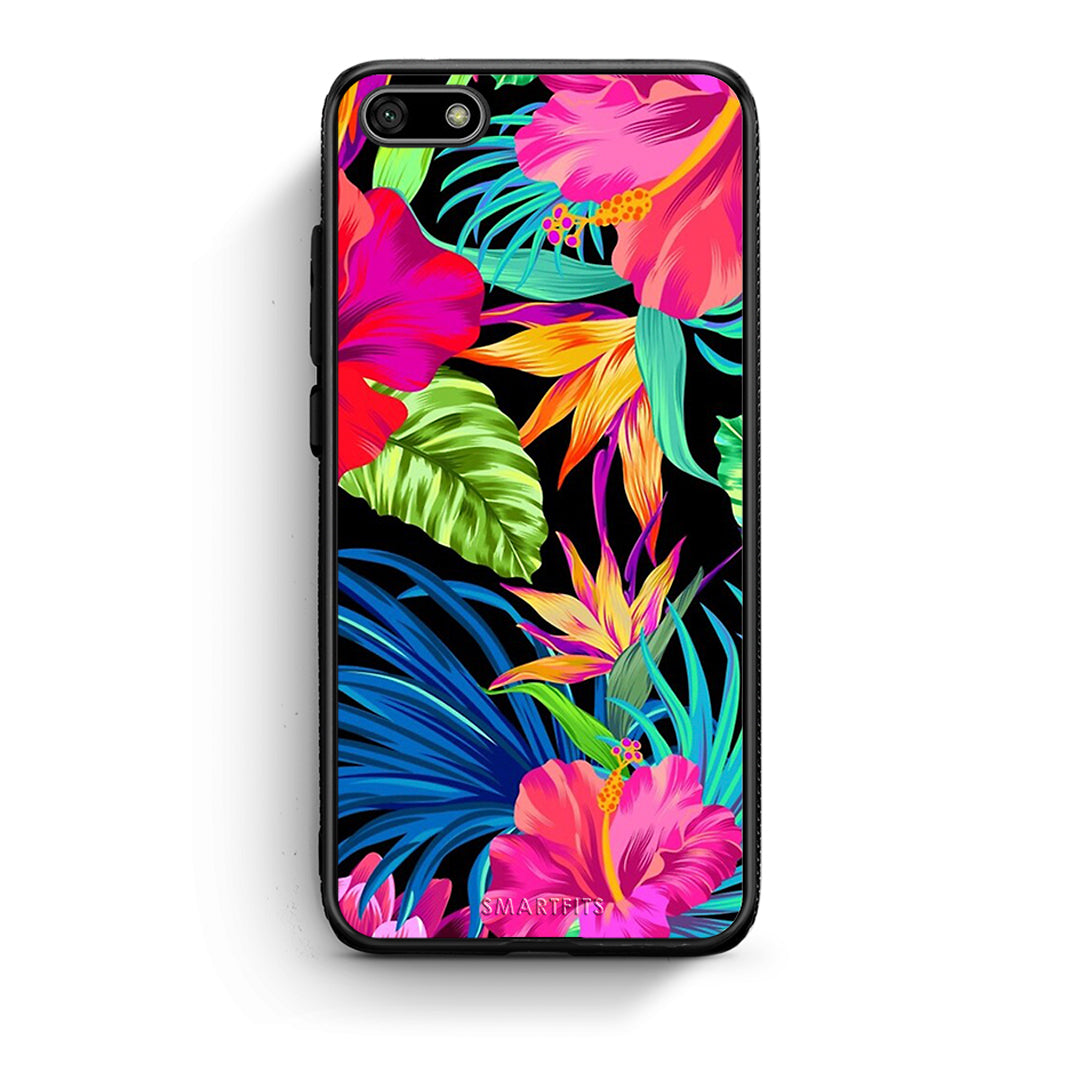 Huawei Y5 2018 Tropical Flowers θήκη από τη Smartfits με σχέδιο στο πίσω μέρος και μαύρο περίβλημα | Smartphone case with colorful back and black bezels by Smartfits