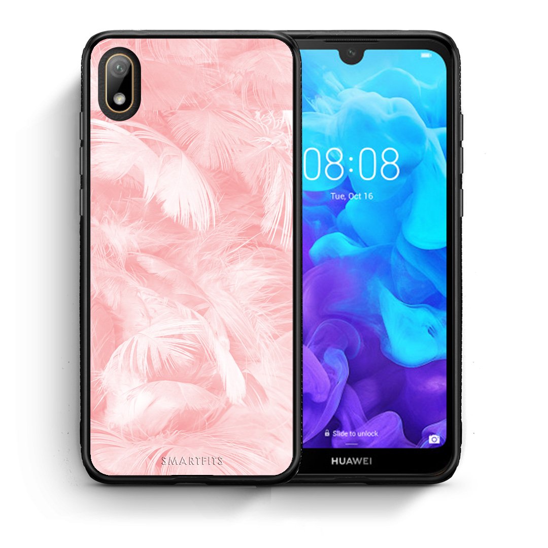 Θήκη Huawei Y5 2019 Pink Feather Boho από τη Smartfits με σχέδιο στο πίσω μέρος και μαύρο περίβλημα | Huawei Y5 2019 Pink Feather Boho case with colorful back and black bezels