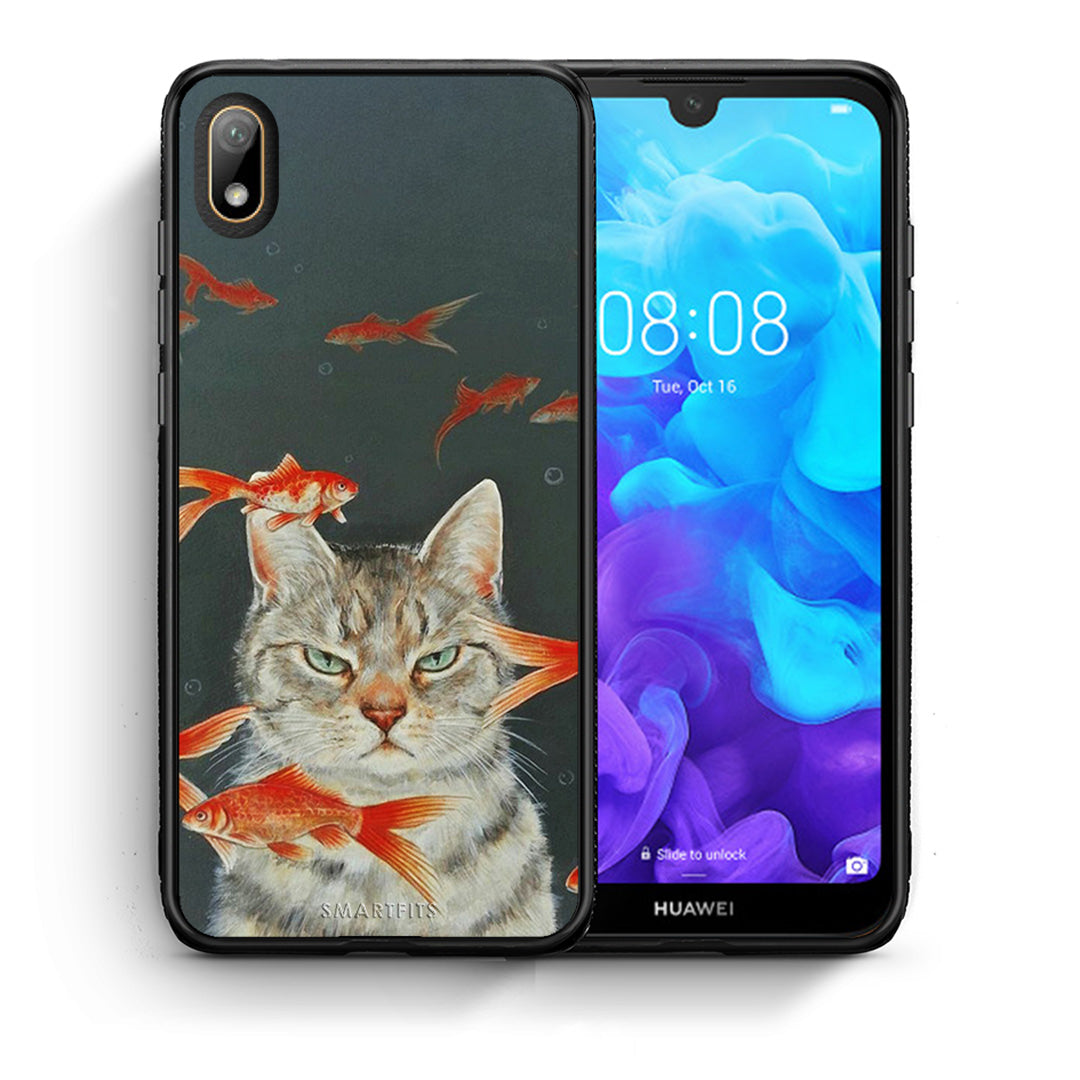 Θήκη Huawei Y5 2019 Cat Goldfish από τη Smartfits με σχέδιο στο πίσω μέρος και μαύρο περίβλημα | Huawei Y5 2019 Cat Goldfish case with colorful back and black bezels