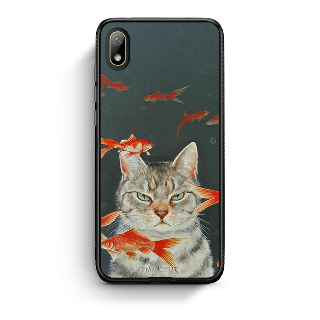 Huawei Y5 2019 Cat Goldfish θήκη από τη Smartfits με σχέδιο στο πίσω μέρος και μαύρο περίβλημα | Smartphone case with colorful back and black bezels by Smartfits