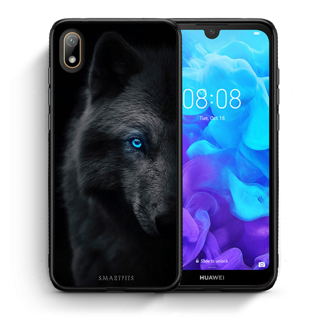 Θήκη Huawei Y5 2019 Dark Wolf από τη Smartfits με σχέδιο στο πίσω μέρος και μαύρο περίβλημα | Huawei Y5 2019 Dark Wolf case with colorful back and black bezels