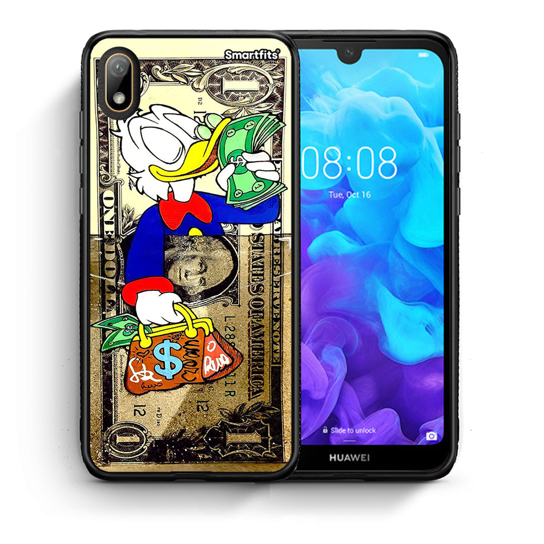 Θήκη Huawei Y5 2019 Duck Money από τη Smartfits με σχέδιο στο πίσω μέρος και μαύρο περίβλημα | Huawei Y5 2019 Duck Money case with colorful back and black bezels