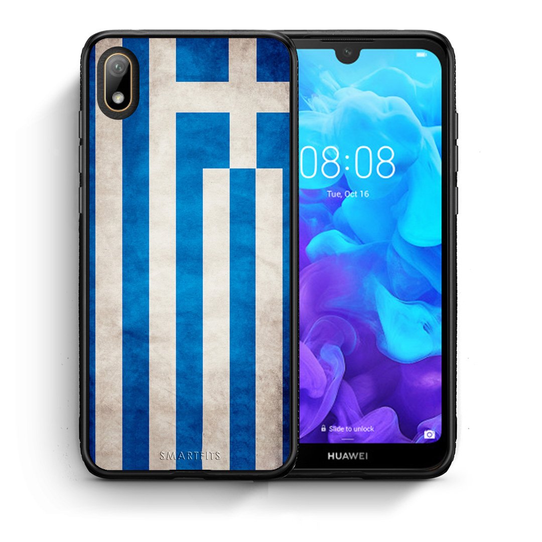 Θήκη Huawei Y5 2019 Greek Flag από τη Smartfits με σχέδιο στο πίσω μέρος και μαύρο περίβλημα | Huawei Y5 2019 Greek Flag case with colorful back and black bezels
