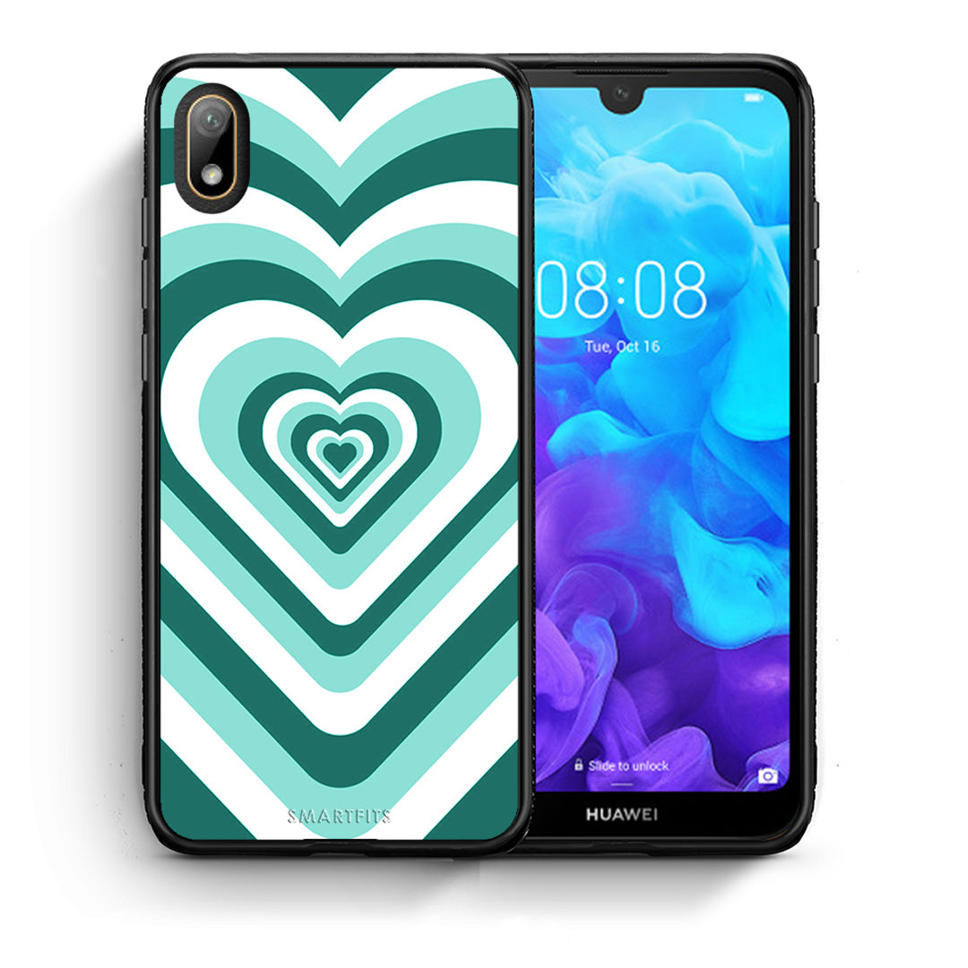 Θήκη Huawei Y5 2019 Green Hearts από τη Smartfits με σχέδιο στο πίσω μέρος και μαύρο περίβλημα | Huawei Y5 2019 Green Hearts case with colorful back and black bezels