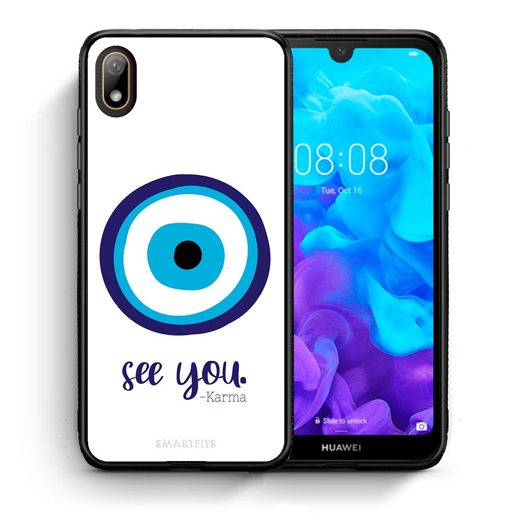 Θήκη Huawei Y5 2019 Karma Says από τη Smartfits με σχέδιο στο πίσω μέρος και μαύρο περίβλημα | Huawei Y5 2019 Karma Says case with colorful back and black bezels