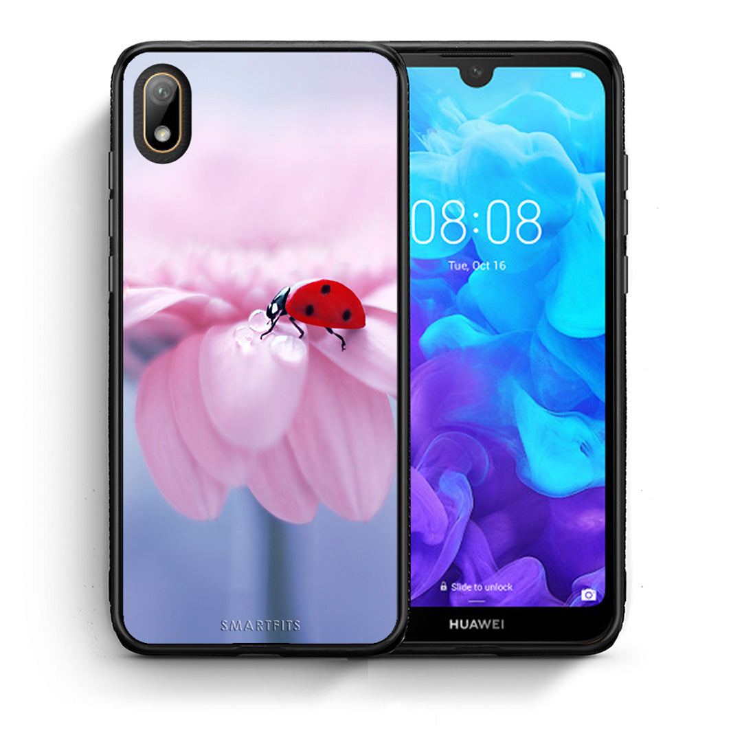Θήκη Huawei Y5 2019 Ladybug Flower από τη Smartfits με σχέδιο στο πίσω μέρος και μαύρο περίβλημα | Huawei Y5 2019 Ladybug Flower case with colorful back and black bezels