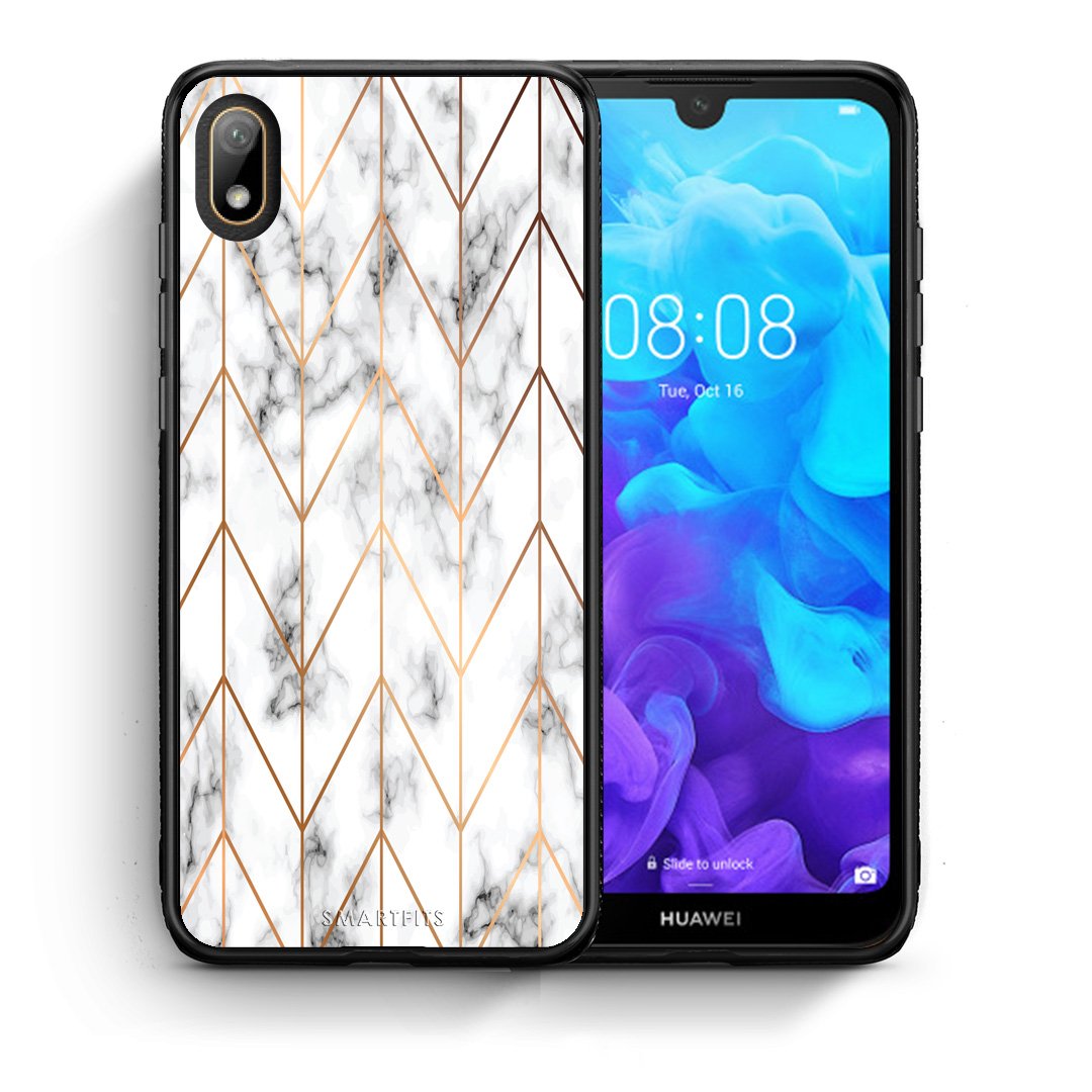 Θήκη Huawei Y5 2019 Gold Geometric Marble από τη Smartfits με σχέδιο στο πίσω μέρος και μαύρο περίβλημα | Huawei Y5 2019 Gold Geometric Marble case with colorful back and black bezels