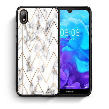 Θήκη Huawei Y5 2019 Gold Geometric Marble από τη Smartfits με σχέδιο στο πίσω μέρος και μαύρο περίβλημα | Huawei Y5 2019 Gold Geometric Marble case with colorful back and black bezels