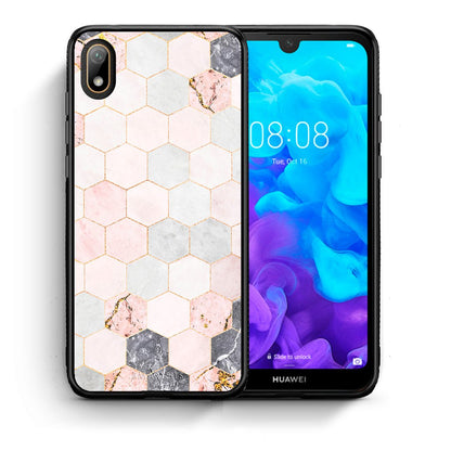 Θήκη Huawei Y5 2019 Hexagon Pink Marble από τη Smartfits με σχέδιο στο πίσω μέρος και μαύρο περίβλημα | Huawei Y5 2019 Hexagon Pink Marble case with colorful back and black bezels