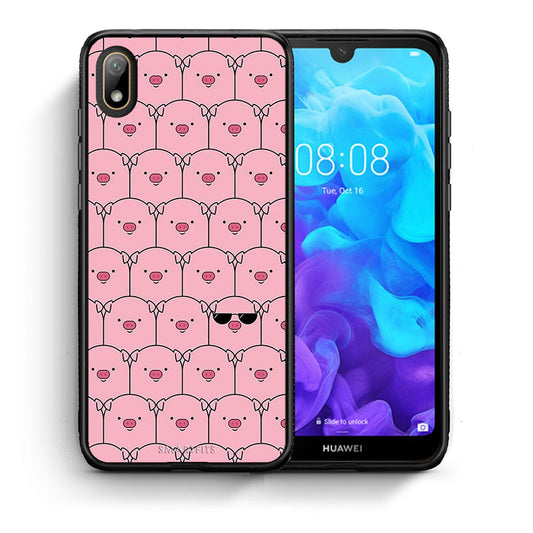 Θήκη Huawei Y5 2019 Pig Glasses από τη Smartfits με σχέδιο στο πίσω μέρος και μαύρο περίβλημα | Huawei Y5 2019 Pig Glasses case with colorful back and black bezels