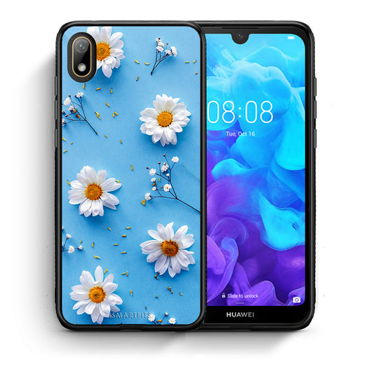 Θήκη Huawei Y5 2019 Real Daisies από τη Smartfits με σχέδιο στο πίσω μέρος και μαύρο περίβλημα | Huawei Y5 2019 Real Daisies case with colorful back and black bezels