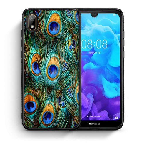 Θήκη Huawei Y5 2019 Real Peacock Feathers από τη Smartfits με σχέδιο στο πίσω μέρος και μαύρο περίβλημα | Huawei Y5 2019 Real Peacock Feathers case with colorful back and black bezels