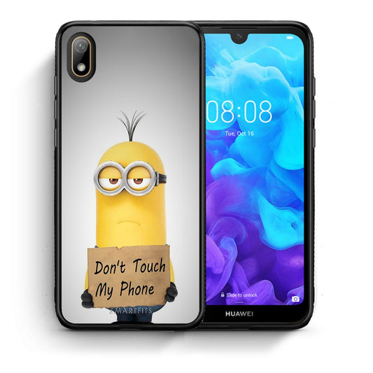 Θήκη Huawei Y5 2019 Minion Text από τη Smartfits με σχέδιο στο πίσω μέρος και μαύρο περίβλημα | Huawei Y5 2019 Minion Text case with colorful back and black bezels