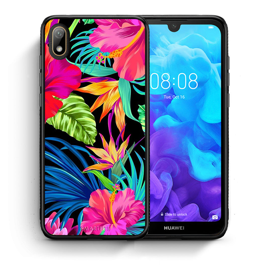 Θήκη Huawei Y5 2019 Tropical Flowers από τη Smartfits με σχέδιο στο πίσω μέρος και μαύρο περίβλημα | Huawei Y5 2019 Tropical Flowers case with colorful back and black bezels