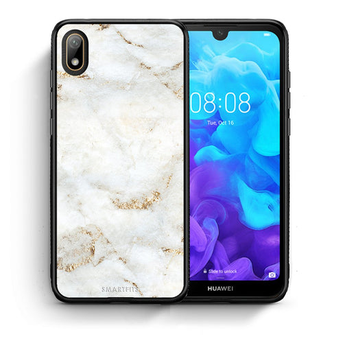 Θήκη Huawei Y5 2019 White Gold Marble από τη Smartfits με σχέδιο στο πίσω μέρος και μαύρο περίβλημα | Huawei Y5 2019 White Gold Marble case with colorful back and black bezels