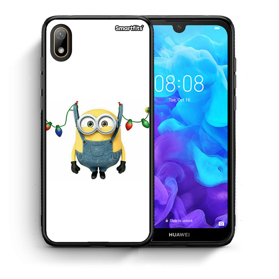 Θήκη Huawei Y5 2019 Xmas Minion Lights από τη Smartfits με σχέδιο στο πίσω μέρος και μαύρο περίβλημα | Huawei Y5 2019 Xmas Minion Lights case with colorful back and black bezels