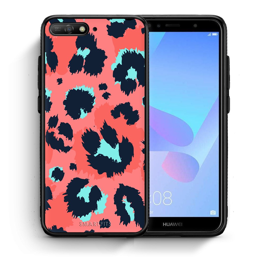 Θήκη Huawei Y6 2018 Pink Leopard Animal από τη Smartfits με σχέδιο στο πίσω μέρος και μαύρο περίβλημα | Huawei Y6 2018 Pink Leopard Animal case with colorful back and black bezels