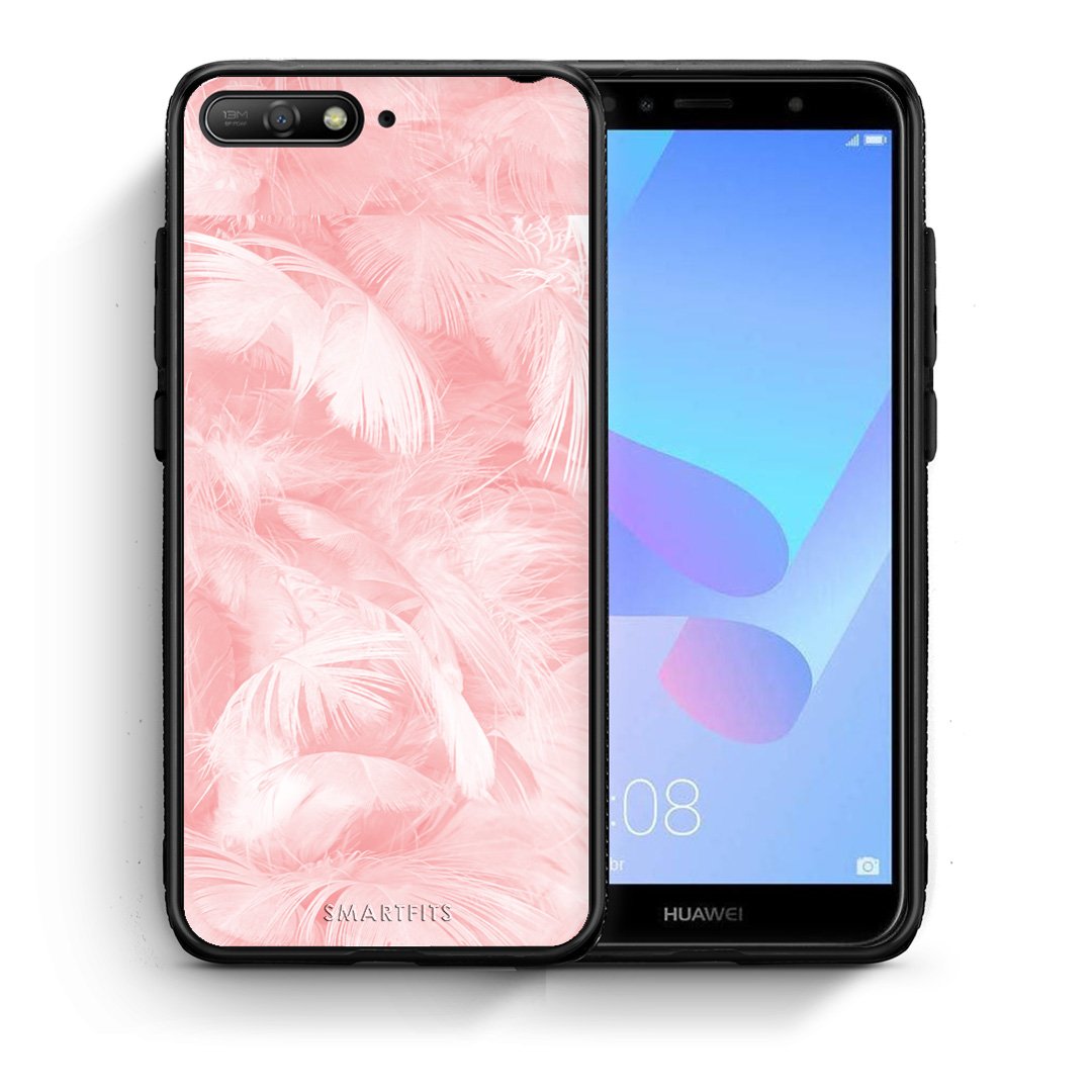 Θήκη Huawei Y6 2018 Pink Feather Boho από τη Smartfits με σχέδιο στο πίσω μέρος και μαύρο περίβλημα | Huawei Y6 2018 Pink Feather Boho case with colorful back and black bezels