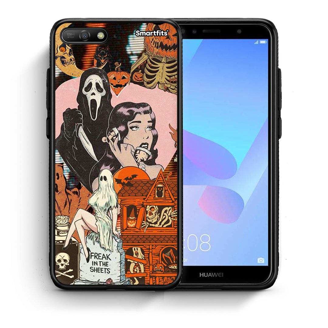 Θήκη Huawei Y6 2018 Halloween Collage από τη Smartfits με σχέδιο στο πίσω μέρος και μαύρο περίβλημα | Huawei Y6 2018 Halloween Collage case with colorful back and black bezels
